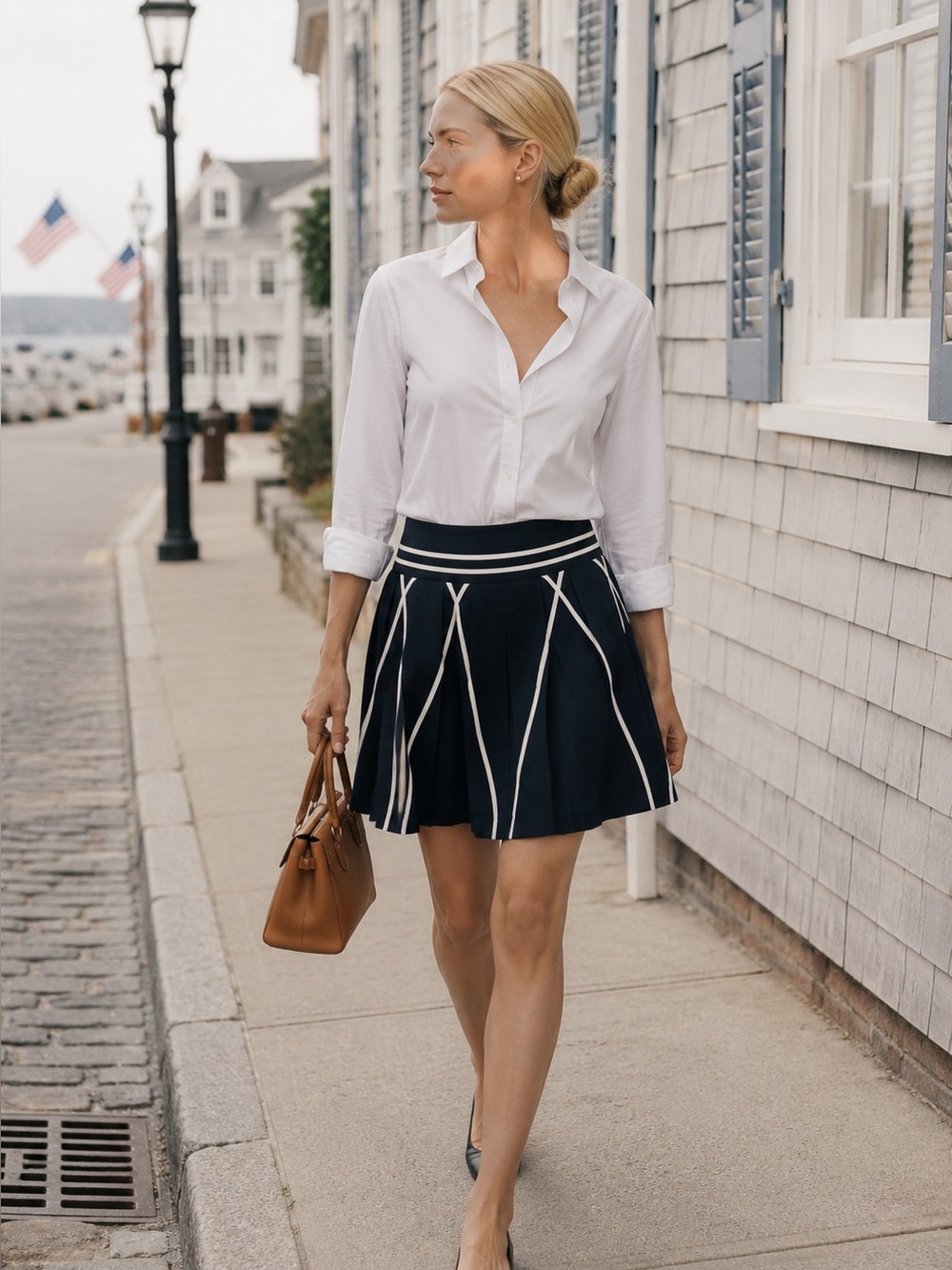Elegant Navy White Nautical Women's Pleated Skirt Coastal Preppy nautical